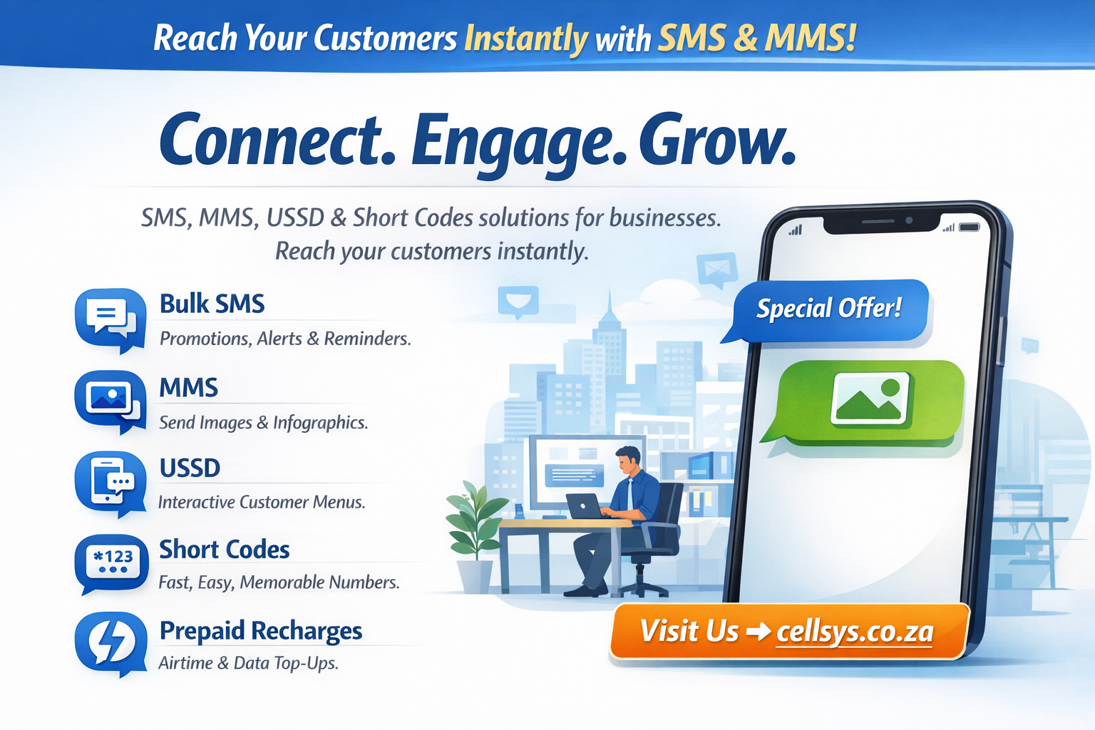 Bulk SMS, Bulk MMS, Short code, USSD, Prepaid Recharge