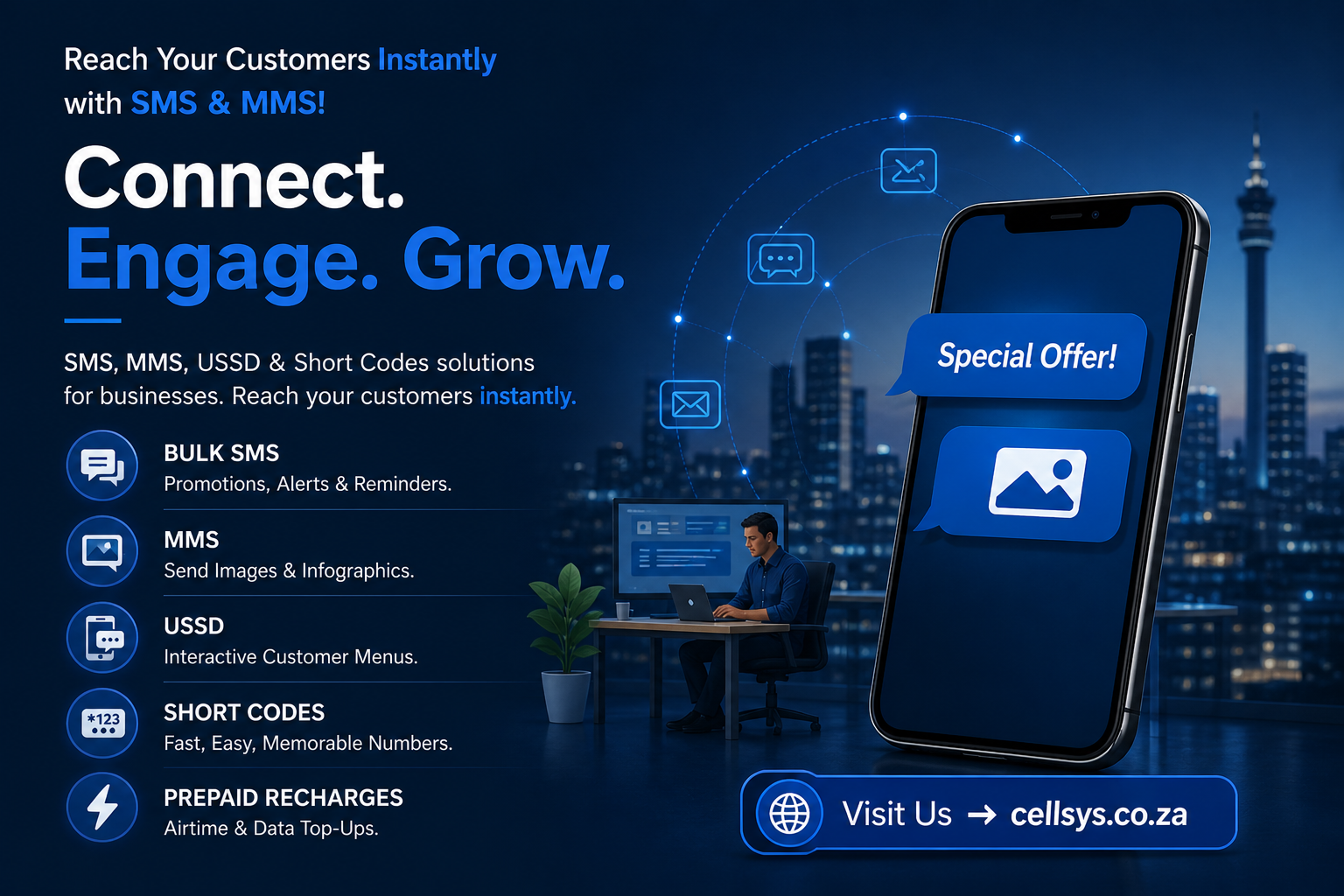 Bulk SMS, Bulk MMS, Short code, USSD, Prepaid Recharge
